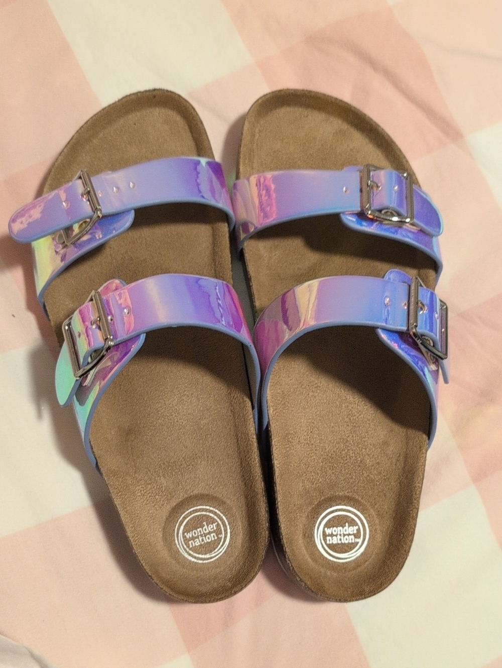 wonder nation Iridescent Pink-Purple Blue Double Buckle Slide Sandals